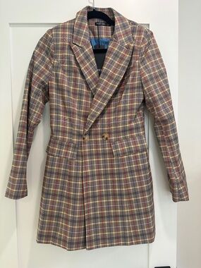 Nasty Gal Plaid Midi Dress Blazer in Tan, Red & Navy